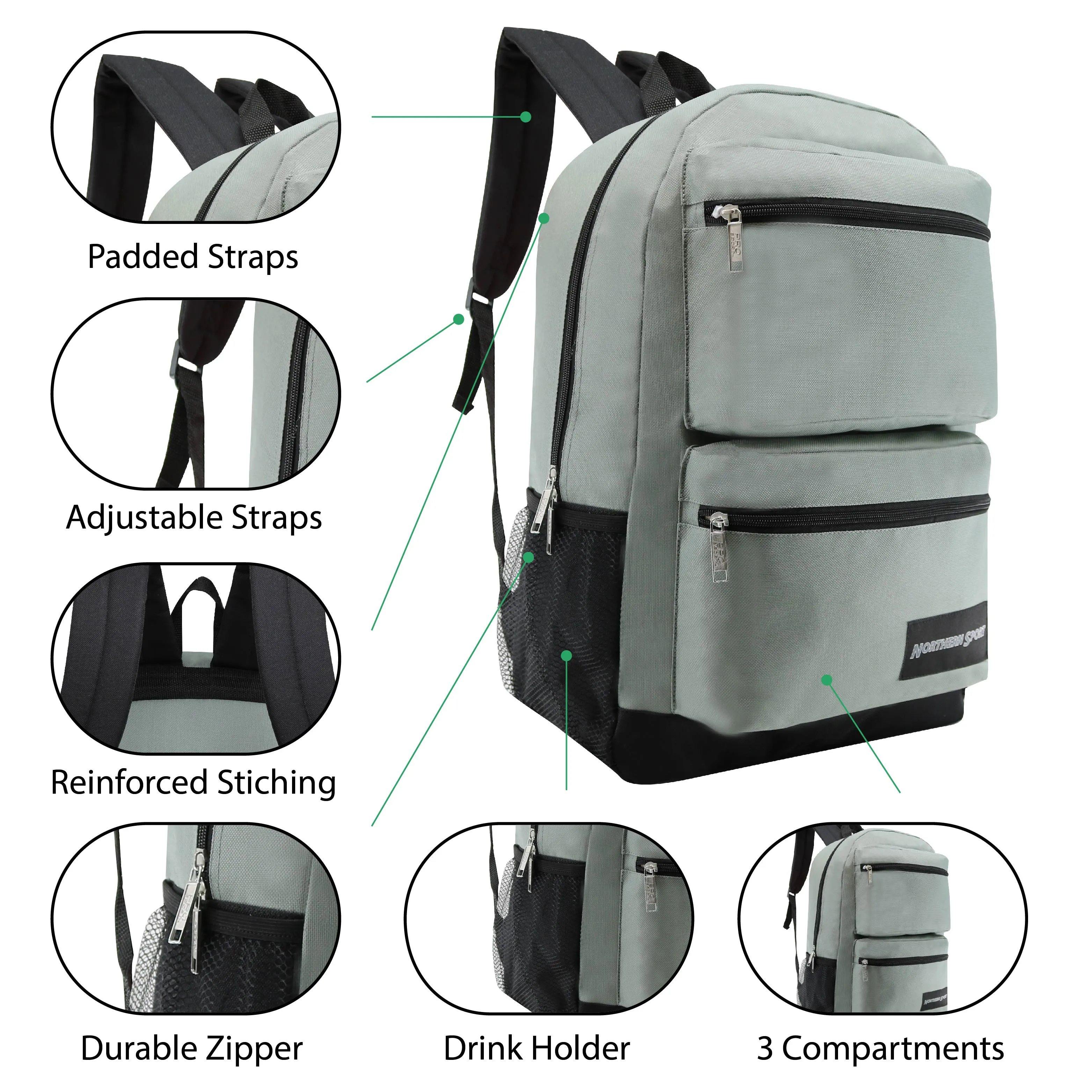 19" Deluxe Wholesale Backpack in 6 Assorted Colors - Bulk Case of 24 Backpacks