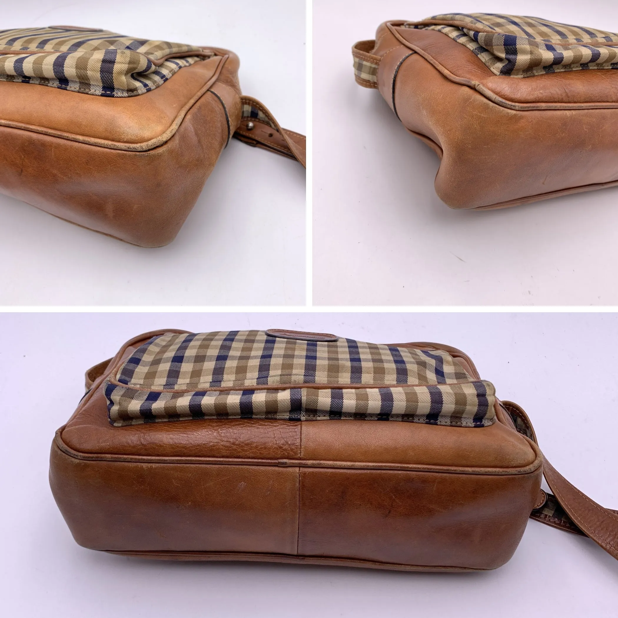 Aquascutum Beige and Brown Tartan Check Canvas Crossbody Bag