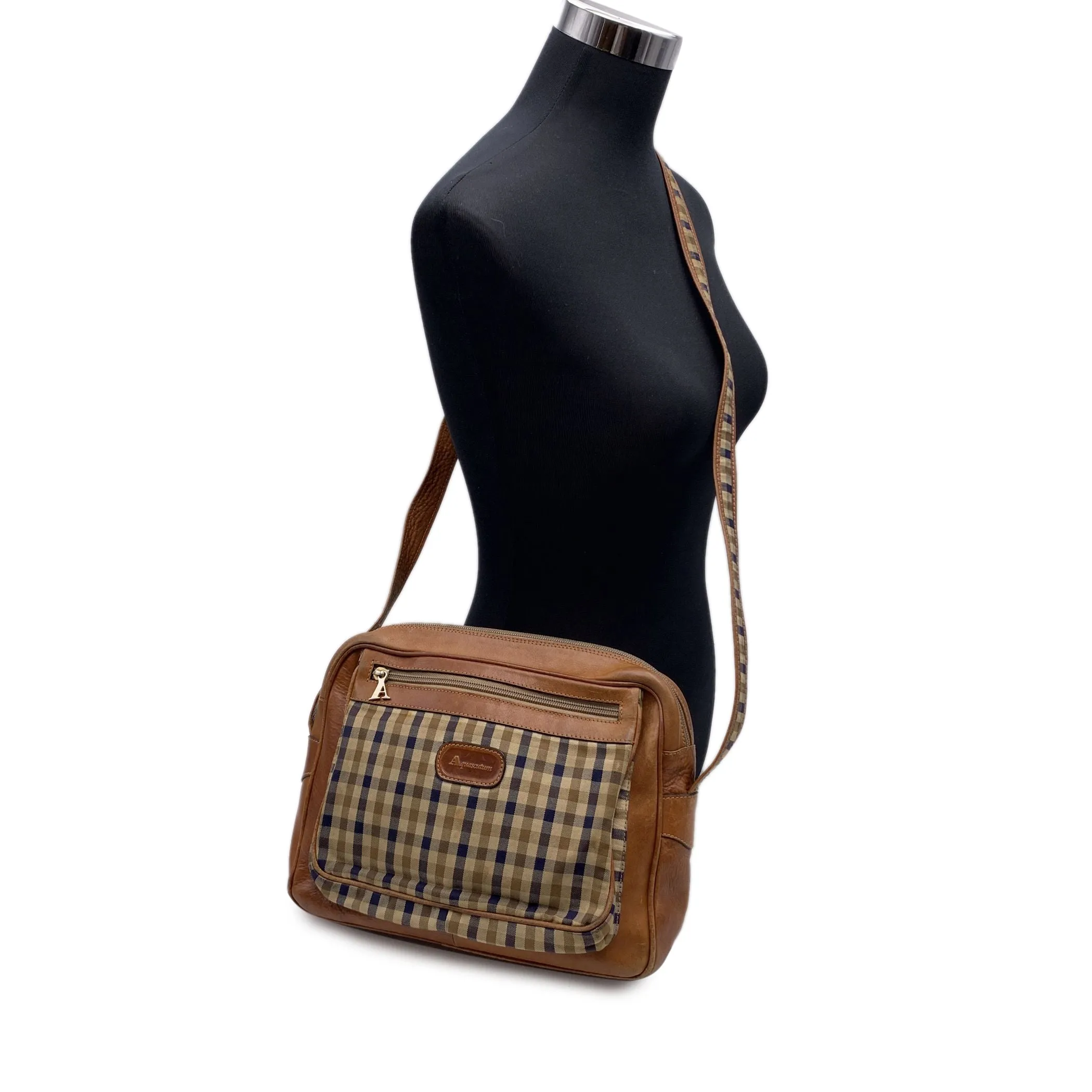 Aquascutum Beige and Brown Tartan Check Canvas Crossbody Bag