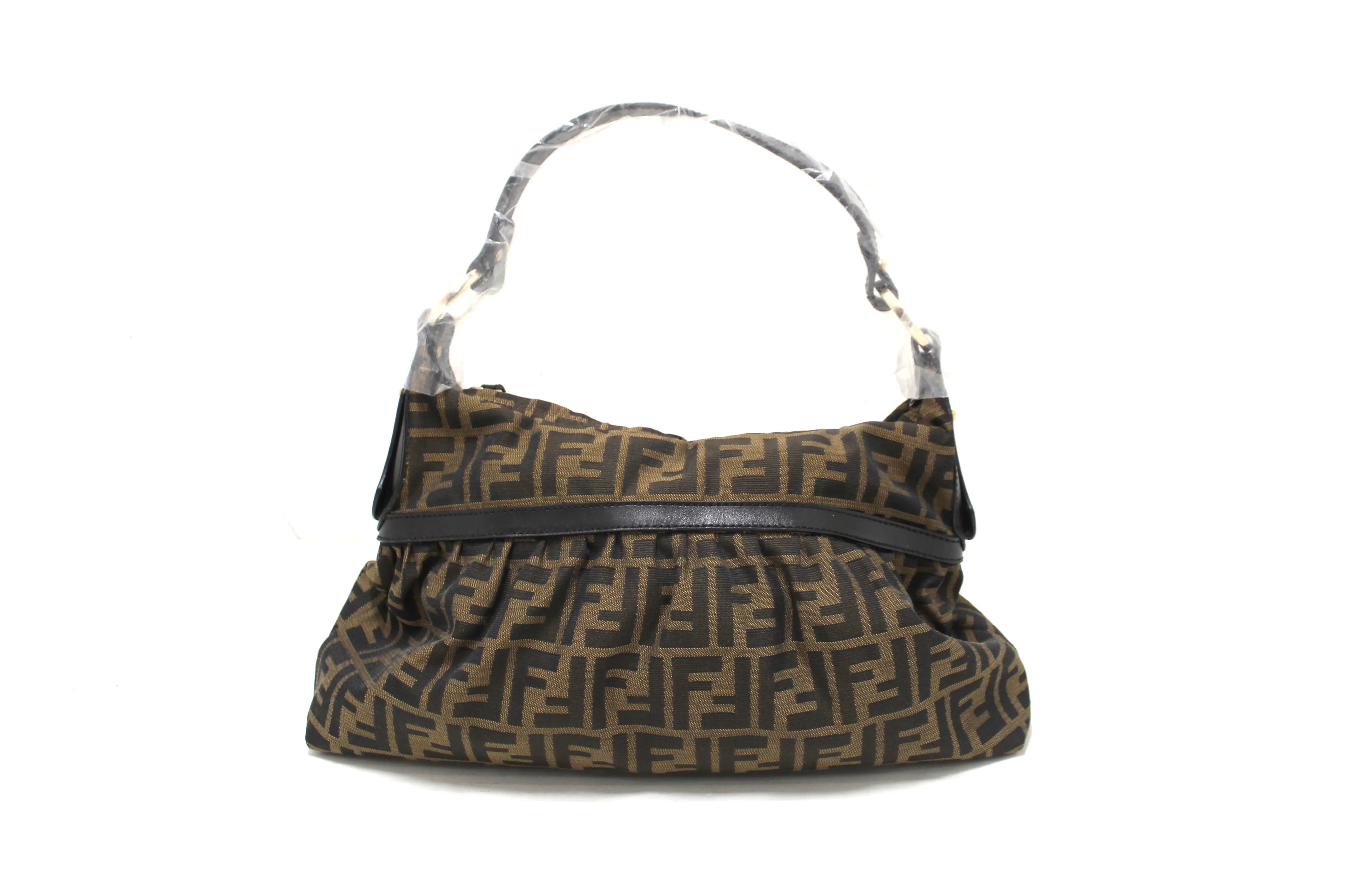 Authentic Fendi Brown Tobacco Zucca Print Canvas Hobo Bag