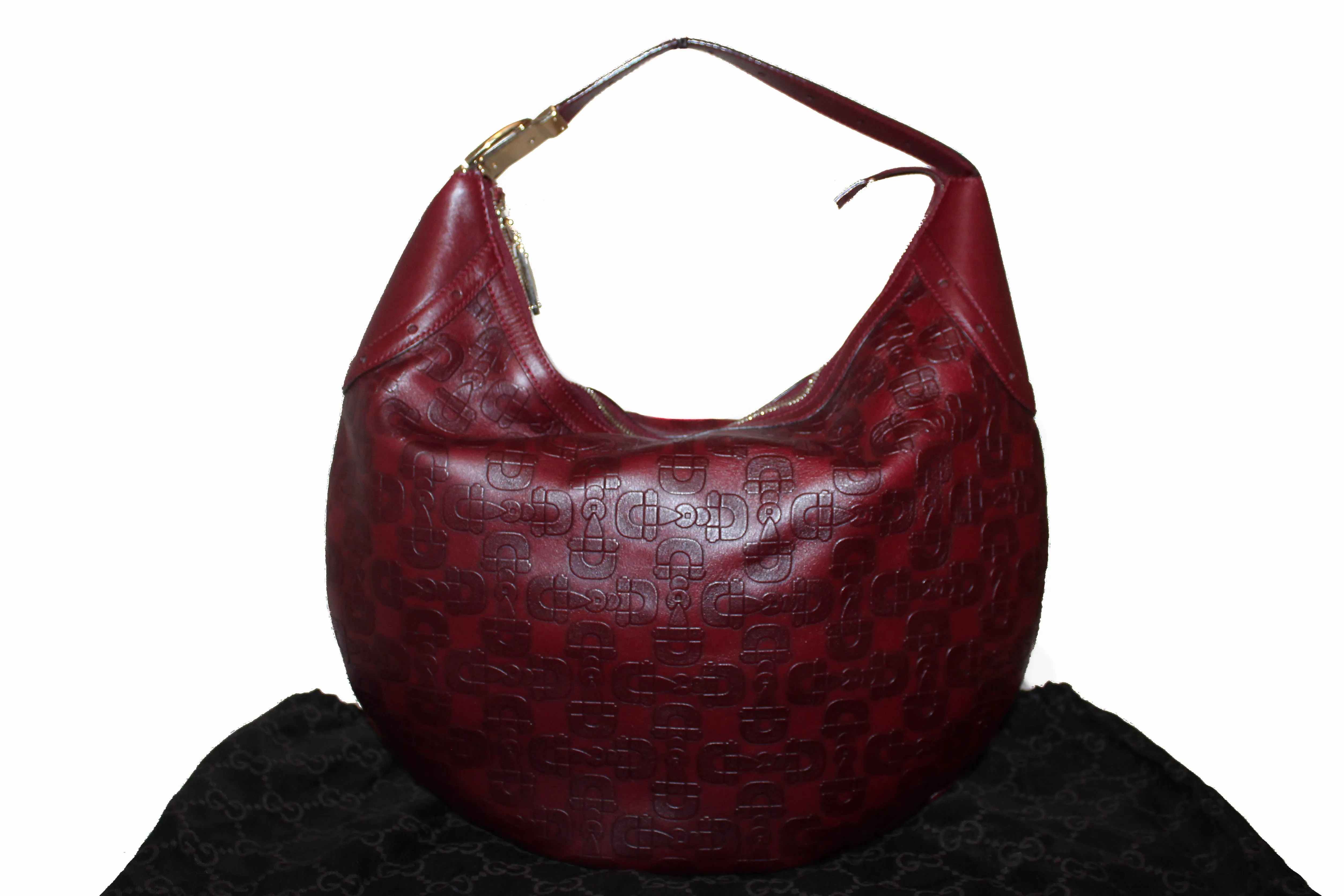 Authentic Gucci Burgundy Leather Horsebit Embossed Buckle Hobo Shoulder Bag 145764