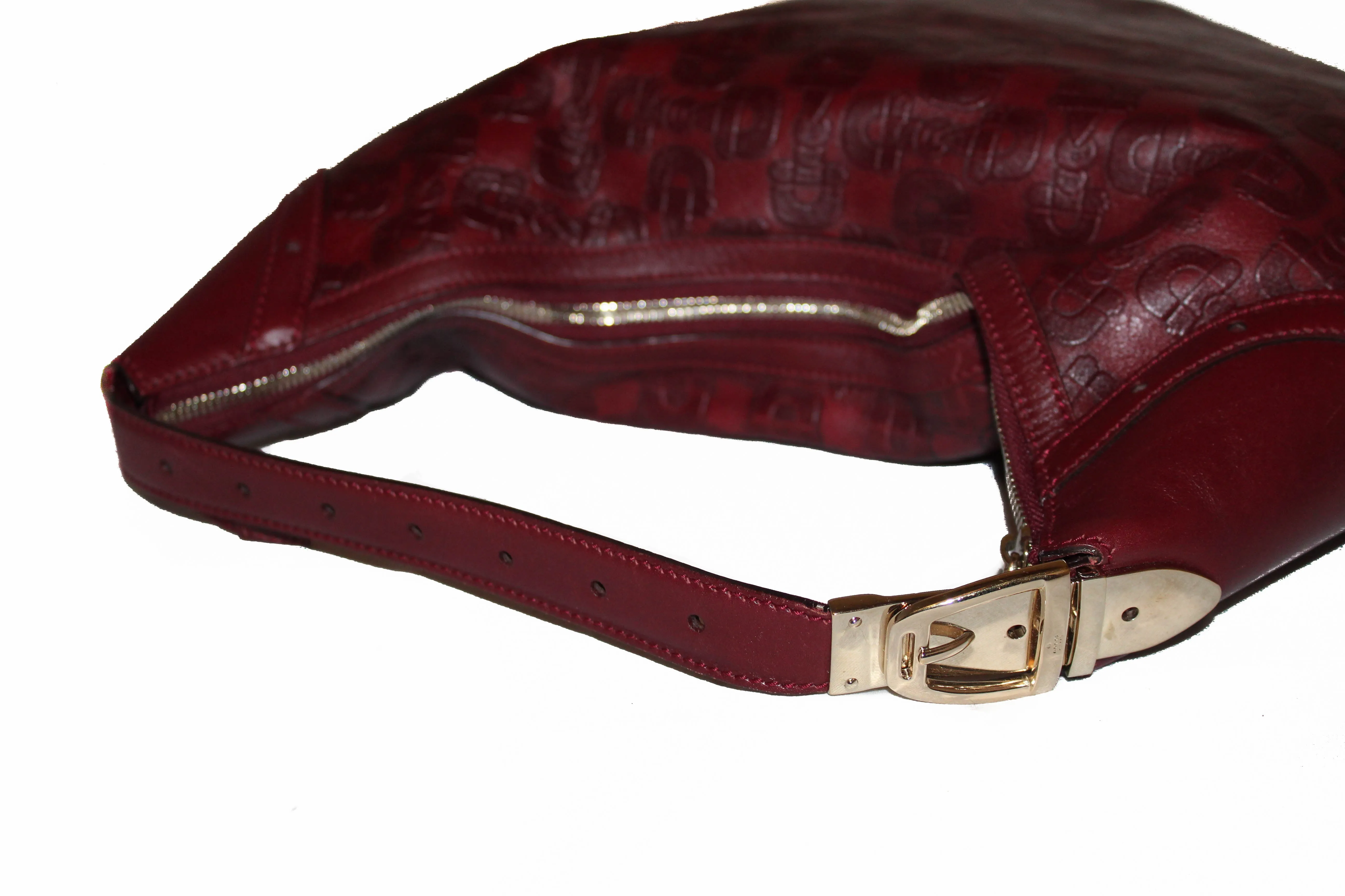 Authentic Gucci Burgundy Leather Horsebit Embossed Buckle Hobo Shoulder Bag 145764