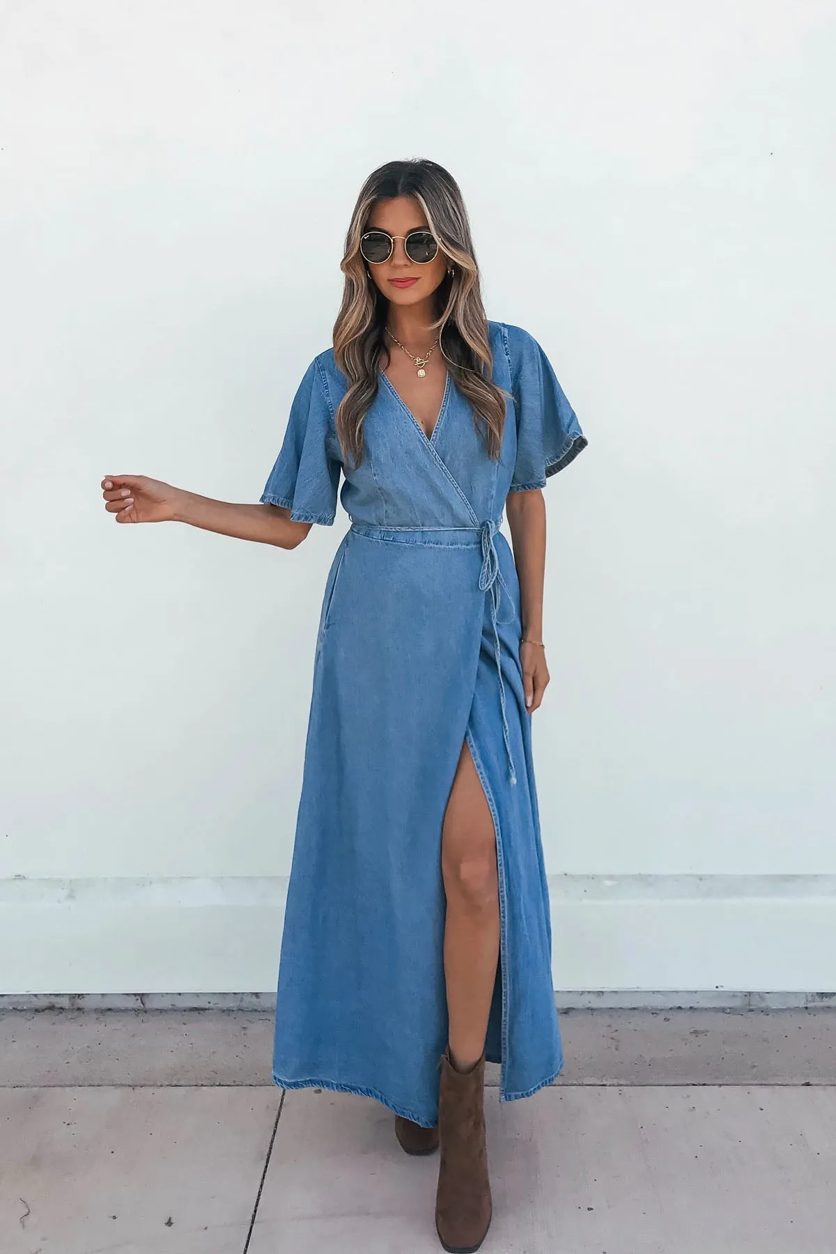 Denim Wrapped Front Maxi Dress