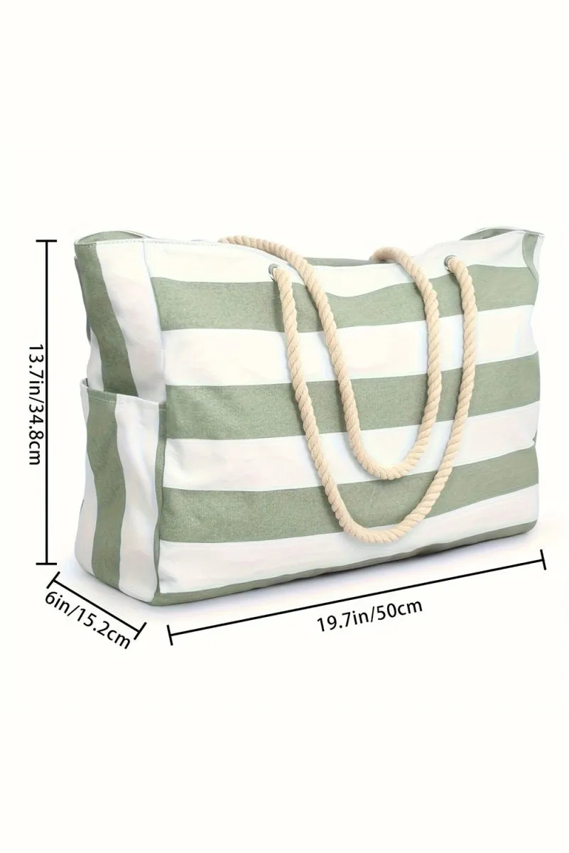 Green Striped Canvas Tote Bag