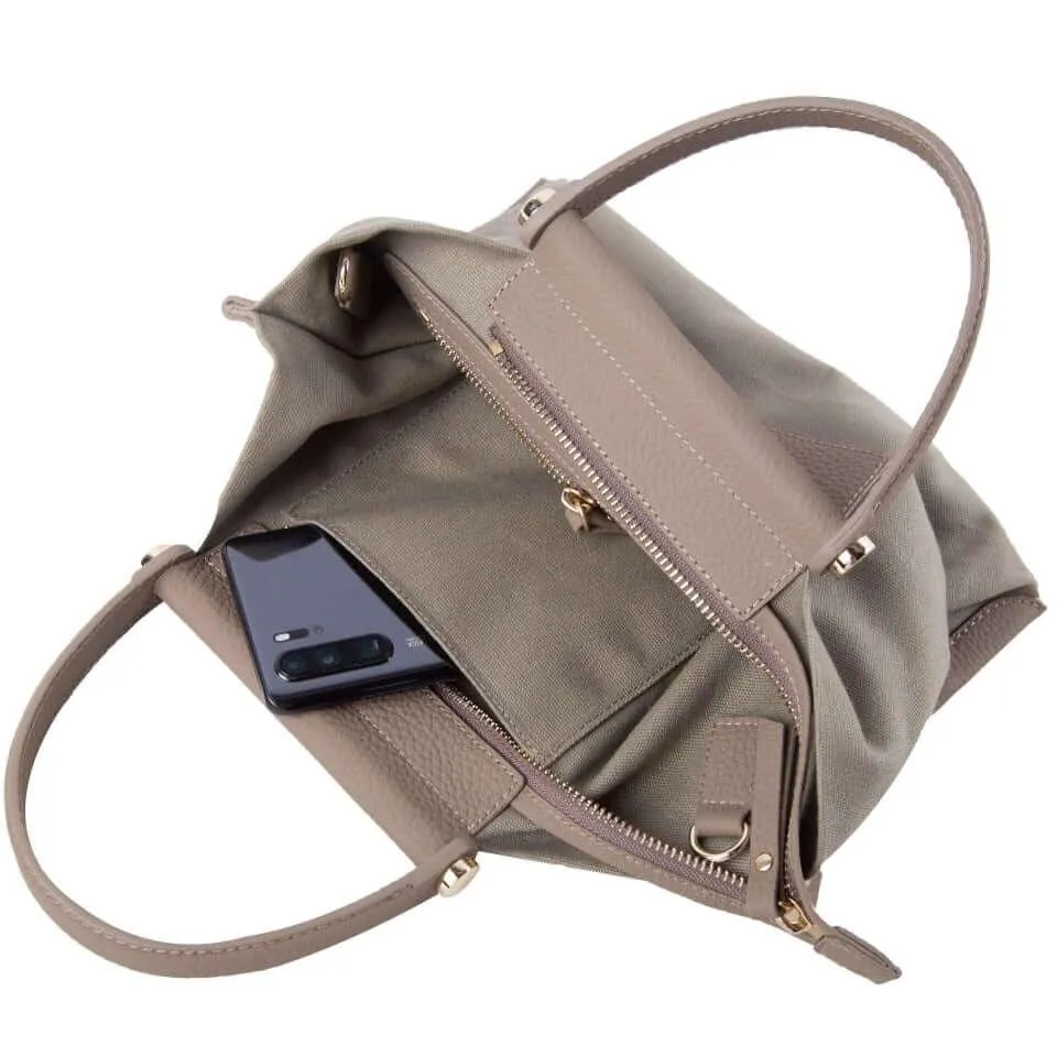 INA - Mini Tote Bag in Leather & Canvas _ Khaki