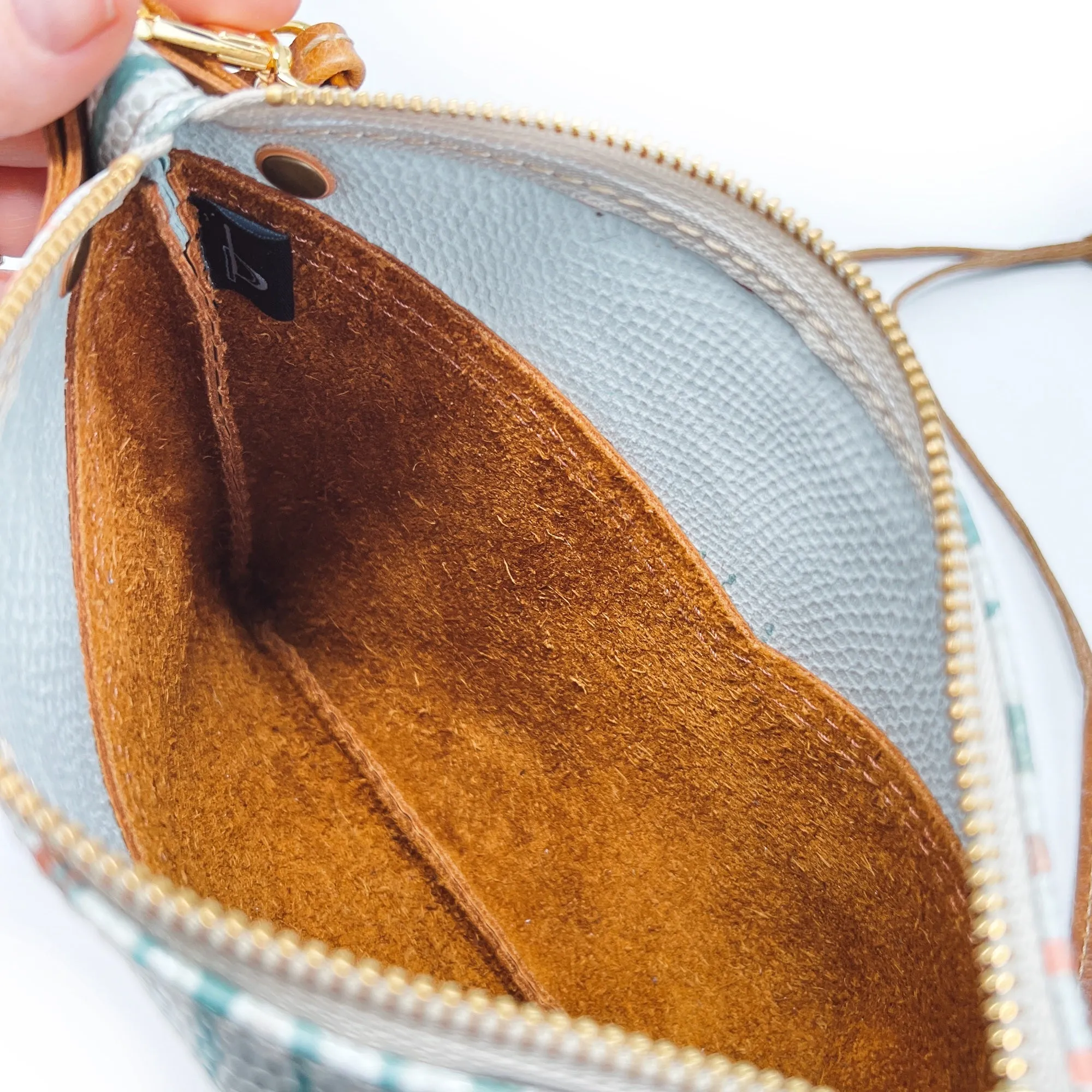 Leather Crossbody Purse  For Women - Brown With  Terra Cotta Peach Sage and White