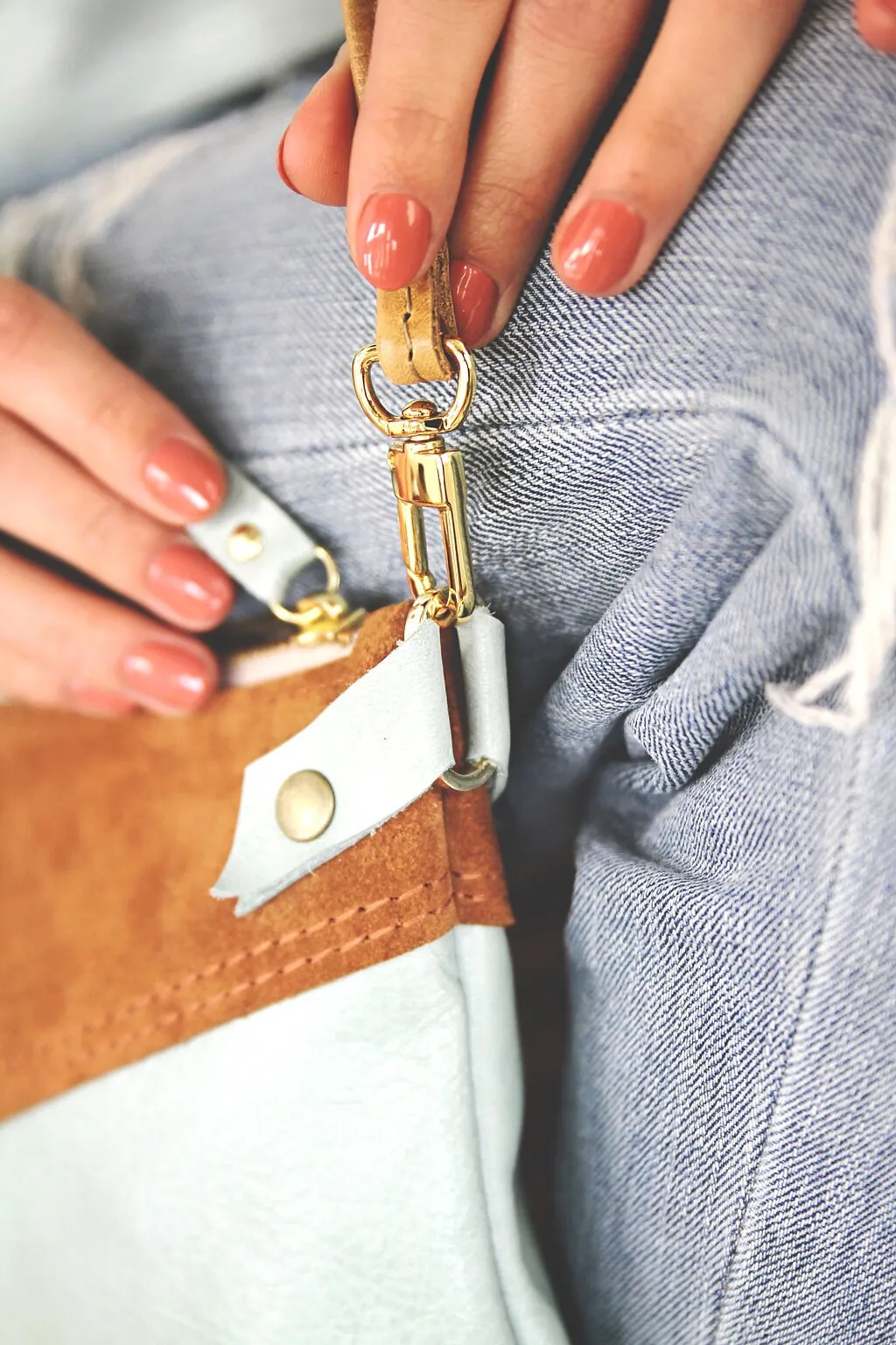 Leather Crossbody Purse  For Women - Brown With  Terra Cotta Peach Sage and White