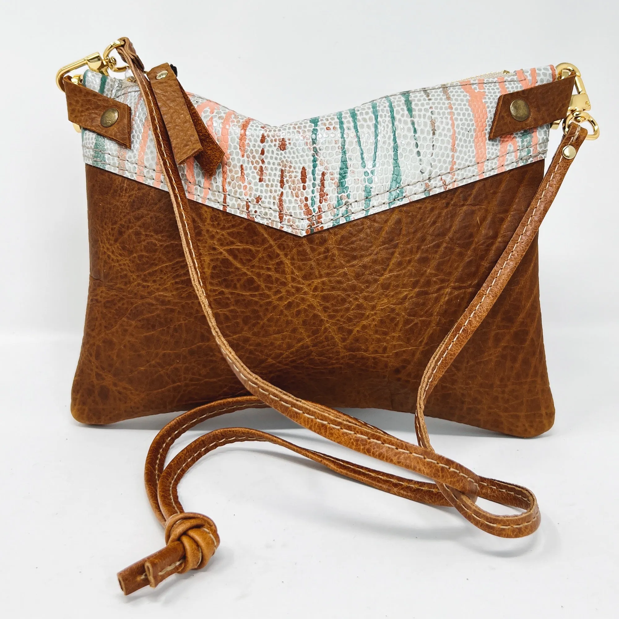 Leather Crossbody Purse  For Women - Brown With  Terra Cotta Peach Sage and White