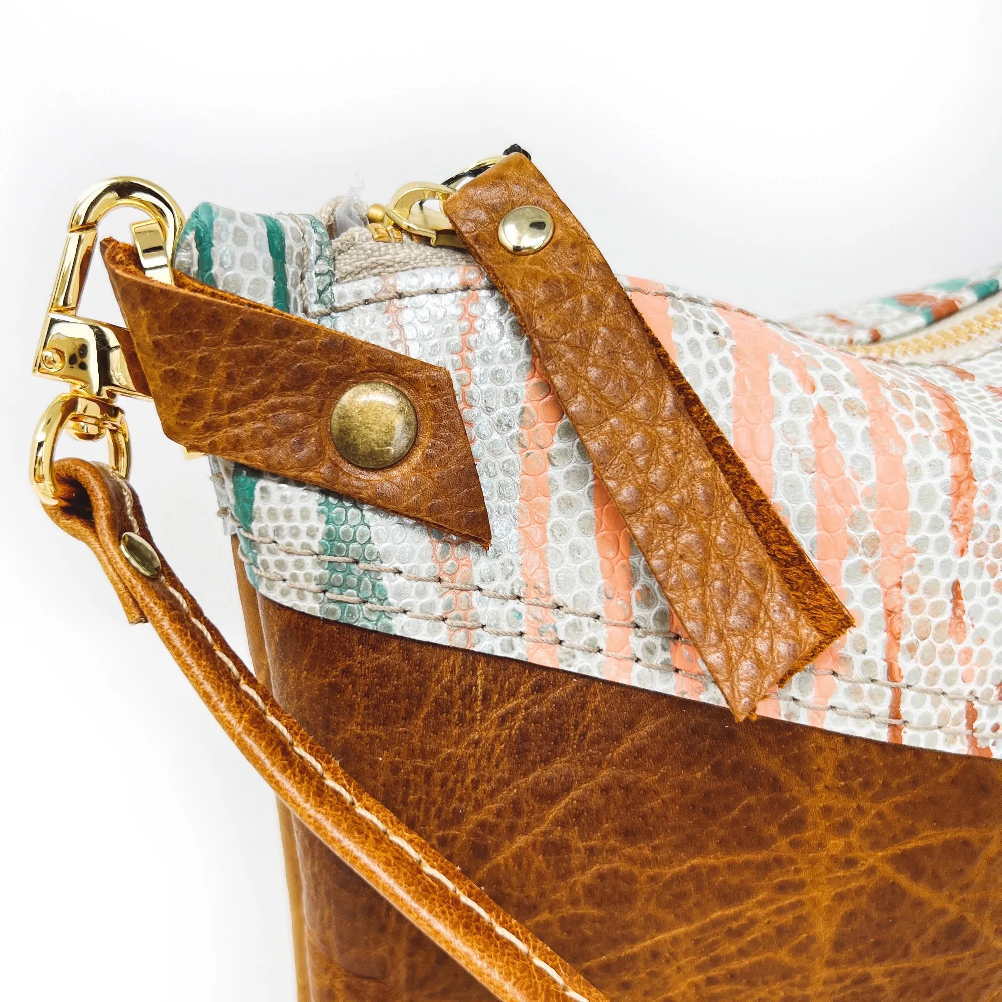 Leather Crossbody Purse  For Women - Brown With  Terra Cotta Peach Sage and White