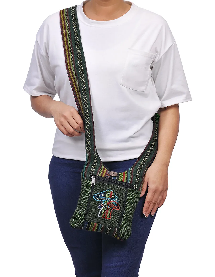 Mushroom Embroidered Hippie Boho Crossbody Mini Hobo Bag