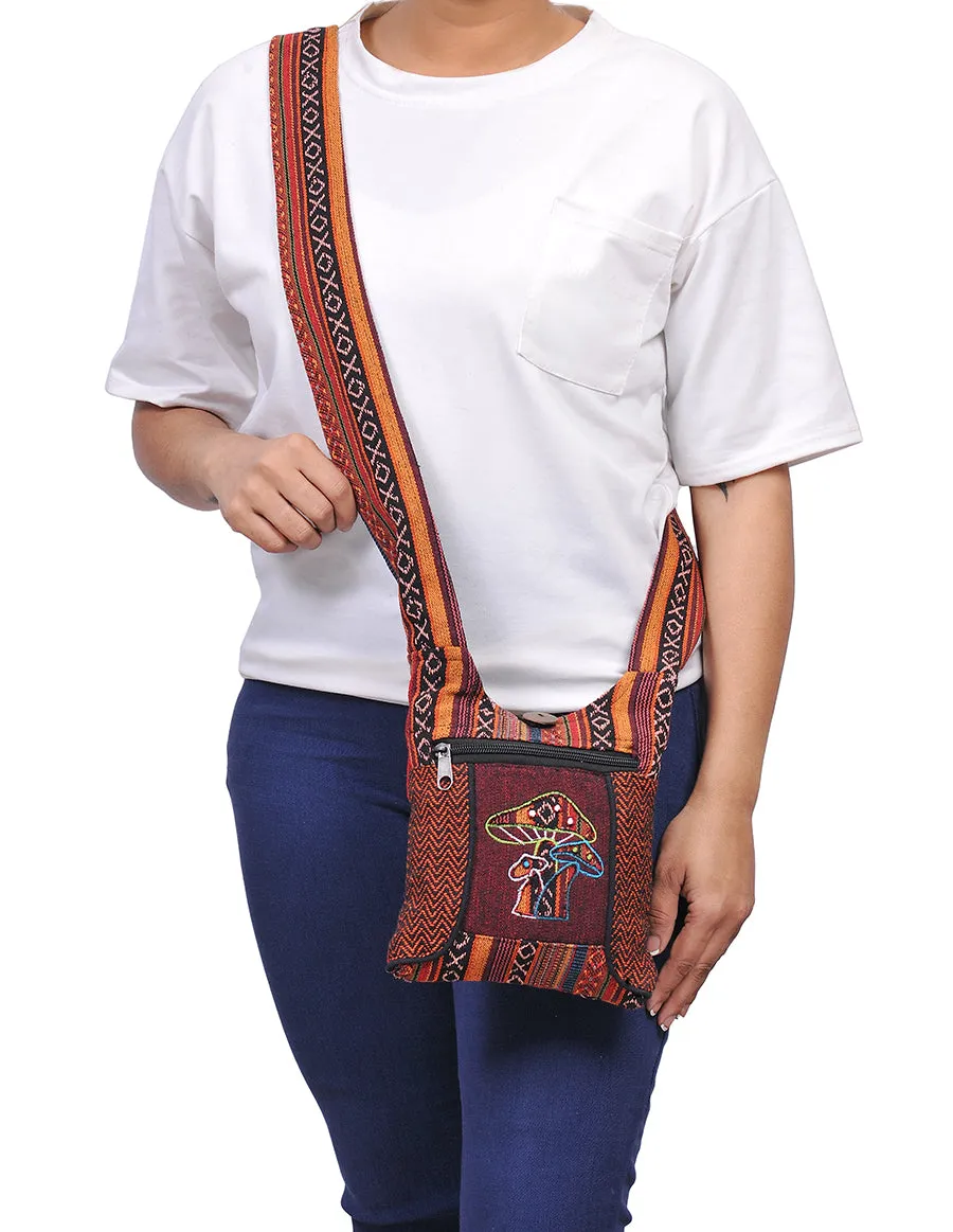 Mushroom Embroidered Hippie Boho Crossbody Mini Hobo Bag