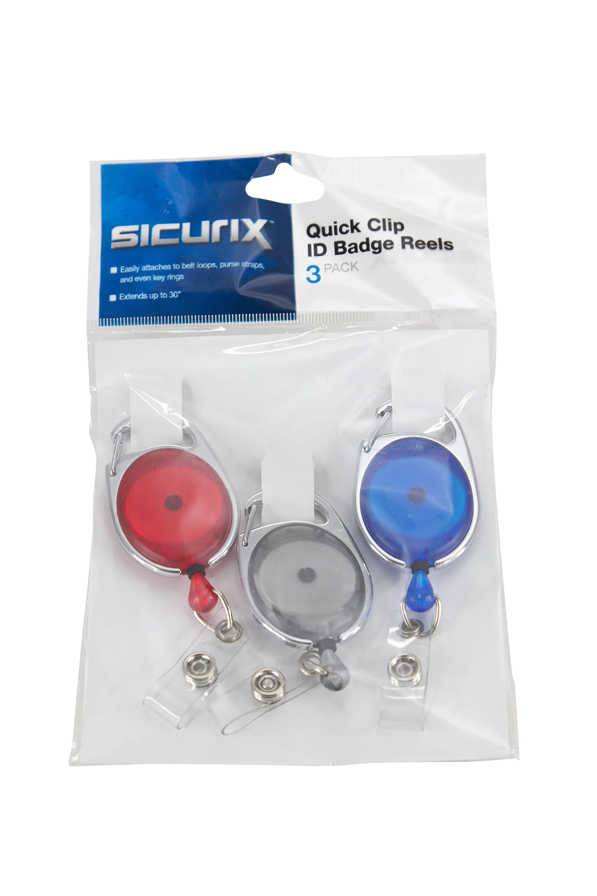 SICURIX Quick Clip ID Badge Reels Oval Strap 3 Pack RED BLUE Smoke (68769)