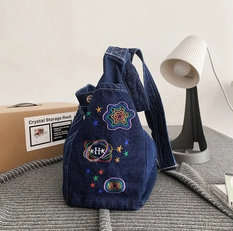 Sohiwoo Y2K 90s Fashion Stylish Embroidery Grunge Big Capacity Side Slouchy Hobo Bag College School Book Laptop Pockets Crossbody Bag